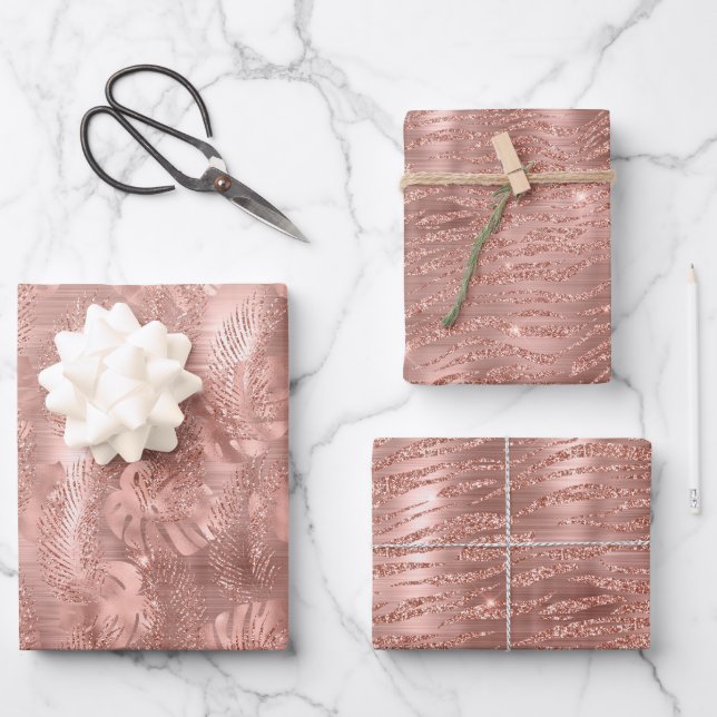 Rose Pink Gold Glam Animal Print Wrapping Paper Sheet (Front)