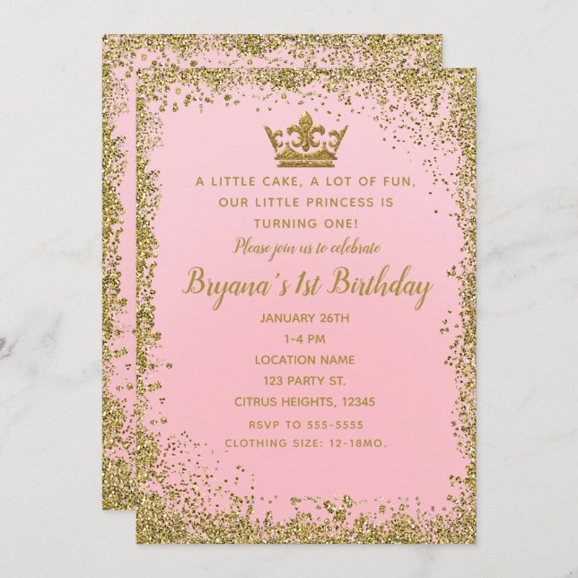 Rose Pink & Gold Glitter Crown 1ST Birthday Party Invitation (Front/Back)