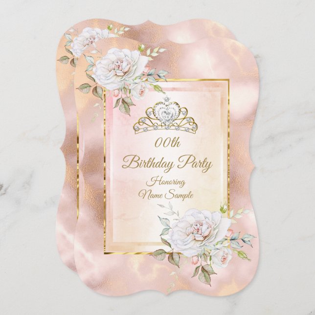 Rose Pink Gold Princess Birthday Party Invite 2 (Front/Back)
