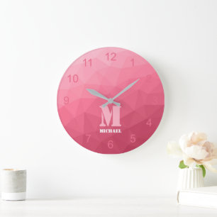 Rose pink Gradient Geometric Mesh Pattern Monogram Large Clock