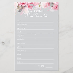 Rose Pink Gray Bridal Shower Word Scramble Game
