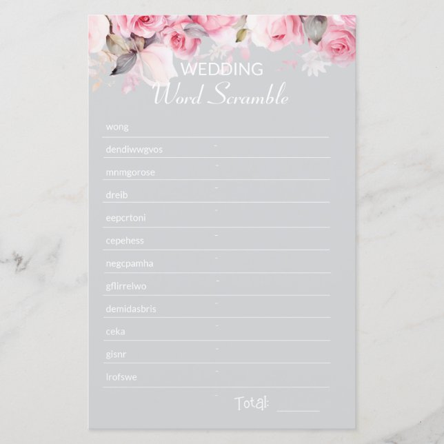 Rose Pink Gray Bridal Shower Word Scramble Game (Front)