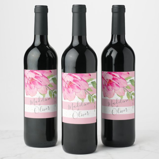 Rose Pink Green Stripe Floral Chic Silver Wine Label (Bottles)