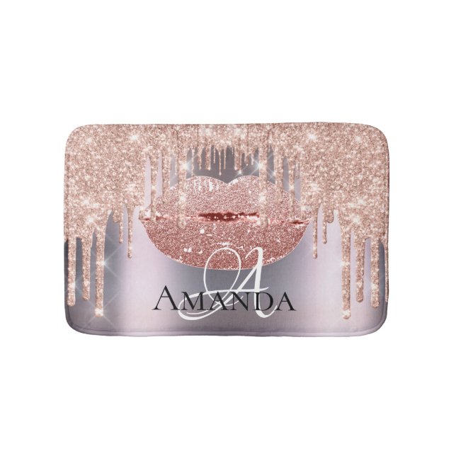 Rose Pink Grey Glitter Name Monogram Makeup Bath Mat (Front)