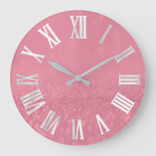 Rose Pink Grey Silver Glitter Metal Roman Numers Large Clock
