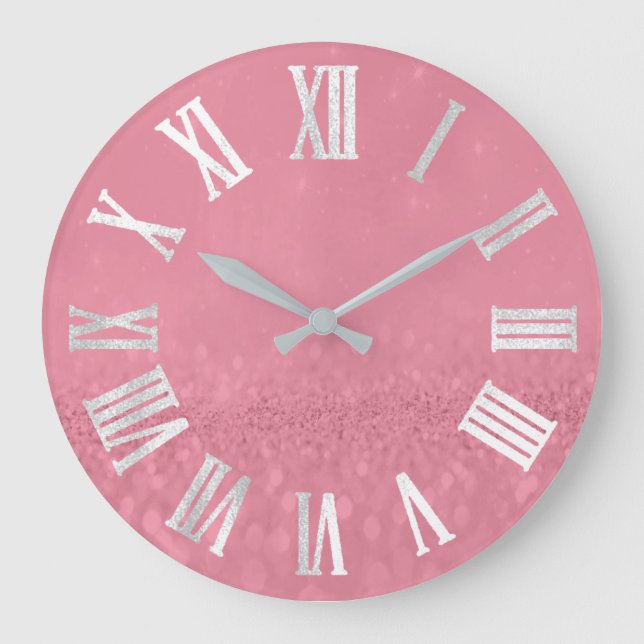 Rose Pink Grey Silver Glitter Metal Roman Numers Large Clock (Front)