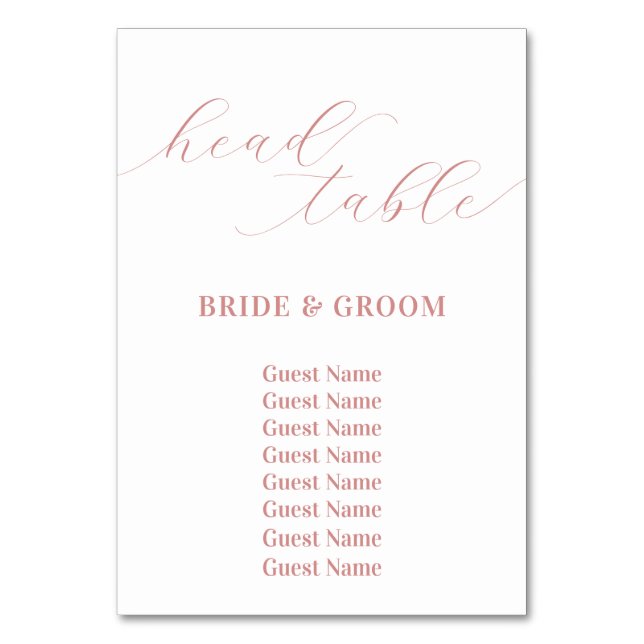 Rose Pink Head Table Wedding Seating Chart Table Number (Front)