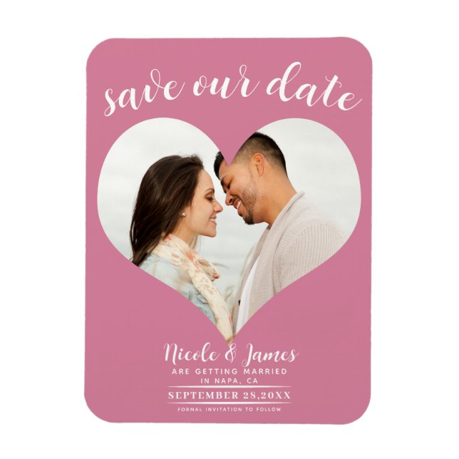 Rose Pink Heart Photo Wedding Save the Date Magnet (Vertical)