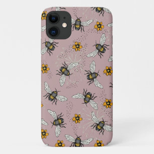 Rose Pink Honeybee and Flowers Pattern iPhone 11 Case