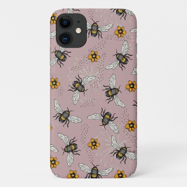 Rose Pink Honeybee and Flowers Pattern Case-Mate iPhone Case (Back)