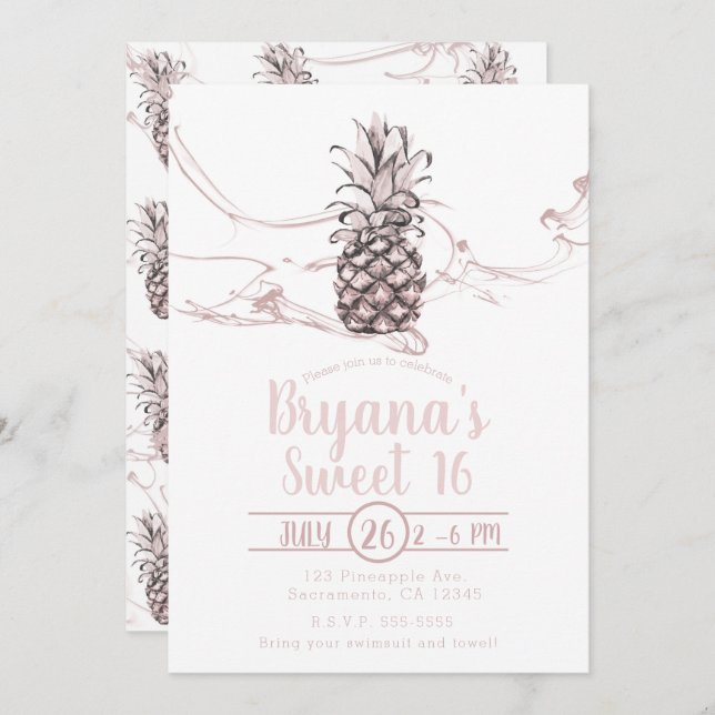Rose Pink Juicy Pineapple Summer Sweet 16 Party Invitation (Front/Back)