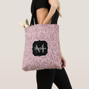 Rose pink light glitter sparkles Monogram Tote Bag