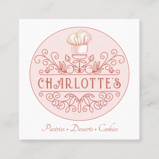 Rose Pink Logo Bakery Pastry Chef Baker's Square Business Card (Front)