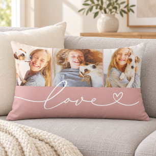 Rose Pink Love Heart Script 3 Photo Lumbar Cushion