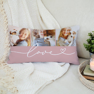 Rose Pink Love Heart Script 3 Photo Lumbar Cushion