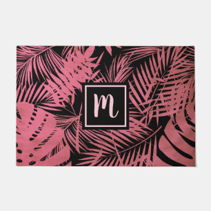 Rose pink monogram tropical palm leaf pattern bold doormat
