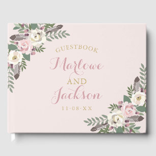 Rose Pink Moody Floral Boho Wedding Guest Book