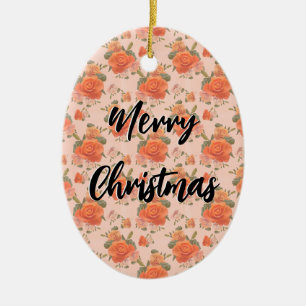 rose pink orange floral pattern wedding spring ceramic ornament
