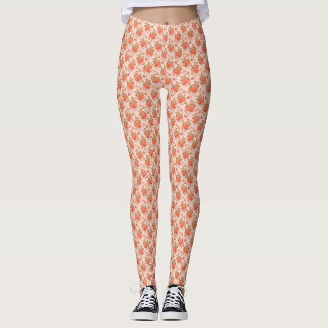 rose pink orange floral pattern wedding spring leggings (Front)