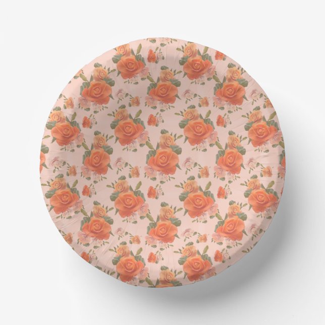 rose pink orange floral pattern wedding spring paper plate (Front)
