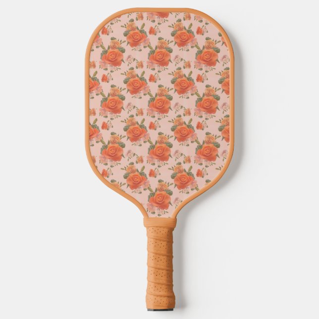 rose pink orange floral pattern wedding spring pickleball paddle (Front)