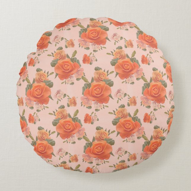 rose pink orange floral pattern wedding spring round cushion (Front)