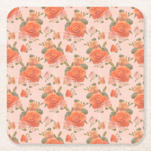 rose pink orange floral pattern wedding spring square paper coaster