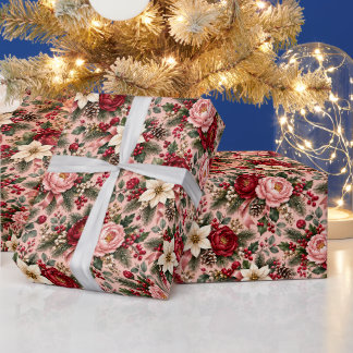 Rose Pink Peony Sage Pine Christmas Floral Wrapping Paper