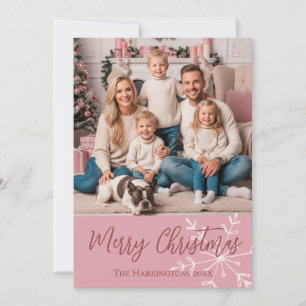 Rose Pink Photo Merry Christmas Script Family Name Holiday Card