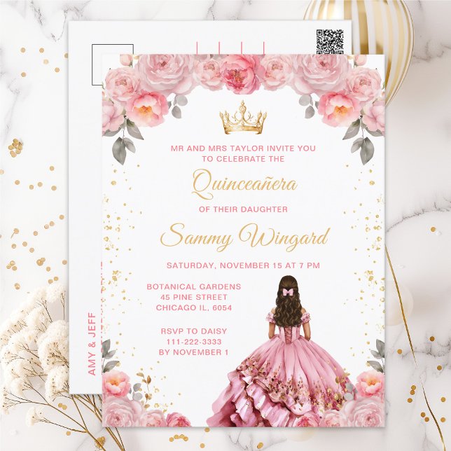Rose Pink Princess Floral Quinceañera Postcard (Creator Uploaded)