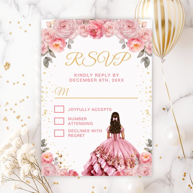 Rose Pink Princess Floral Quinceañera RSVP Card (Creator Uploaded)