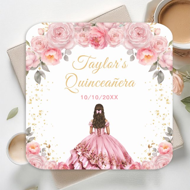 Rose Pink Princess Floral Quinceañera Square Paper Coaster (Creator Uploaded)