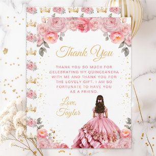 Rose Pink Princess Floral Quinceañera Thank You Card