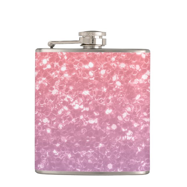 Rose pink purple lavender faux sparkles glitters hip flask (Front)