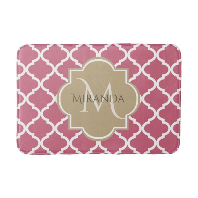 Rose Pink Quatrefoil Pattern With Big Tan Monogram Bath Mat (Front)