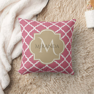 Rose Pink Quatrefoil Pattern With Big Tan Monogram Cushion
