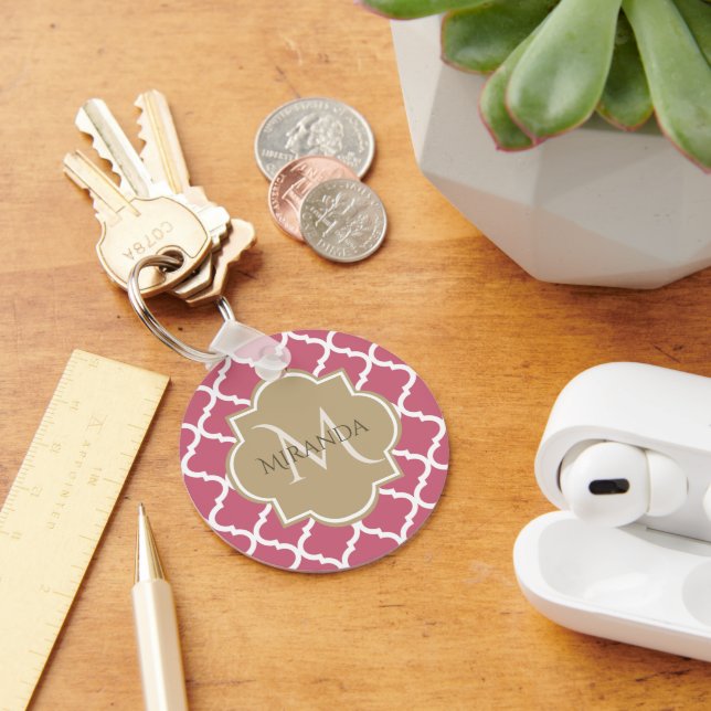 Rose Pink Quatrefoil Pattern With Big Tan Monogram Key Ring (Desk)
