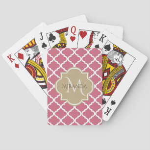 Rose Pink Quatrefoil Pattern With Big Tan Monogram Playing Cards