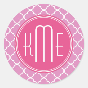 Rose Pink Quatrefoil with Custom Monogram Classic Round Sticker