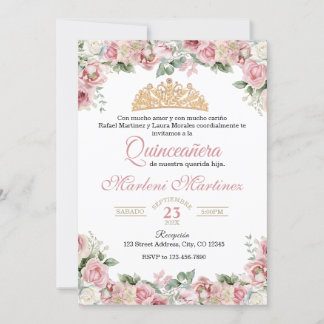 Rose Pink Quinceañera Floral Invitation