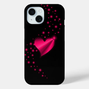 Rose pink Rainbow Heart with Stars on black iPhone 15 Case