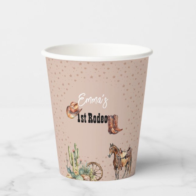 Rose Pink Rodeo Western Cowgirl 1st Birthday Paper Cups (Front)