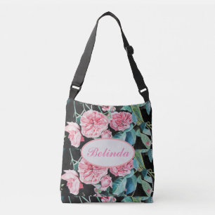 Rose Pink Roses Black floral Watercolor Roses Tote