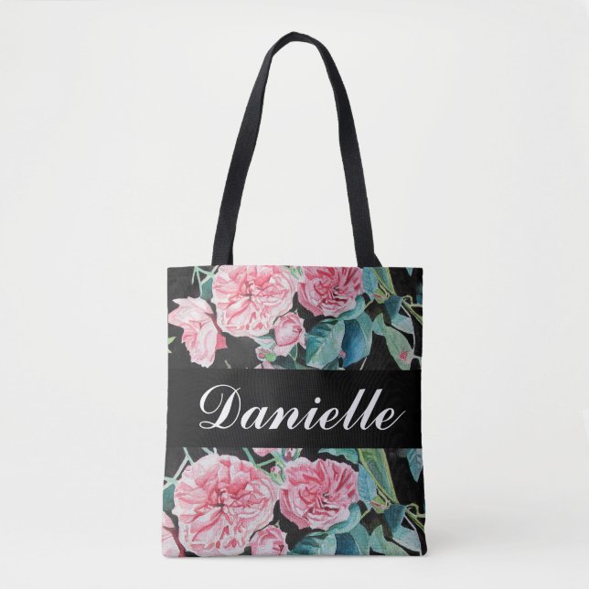Rose Pink Roses Retro Floral Flower on Black art Tote Bag (Front)