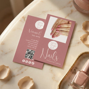 Rose Pink Script Logo QR Code Photo Nail Salon Business Card