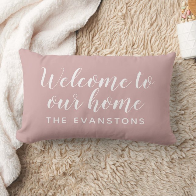 Rose Pink Script Welcome to Our Home Lumbar Cushion (Blanket)