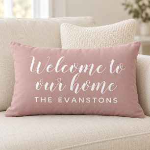 Rose Pink Script Welcome to Our Home Lumbar Cushion