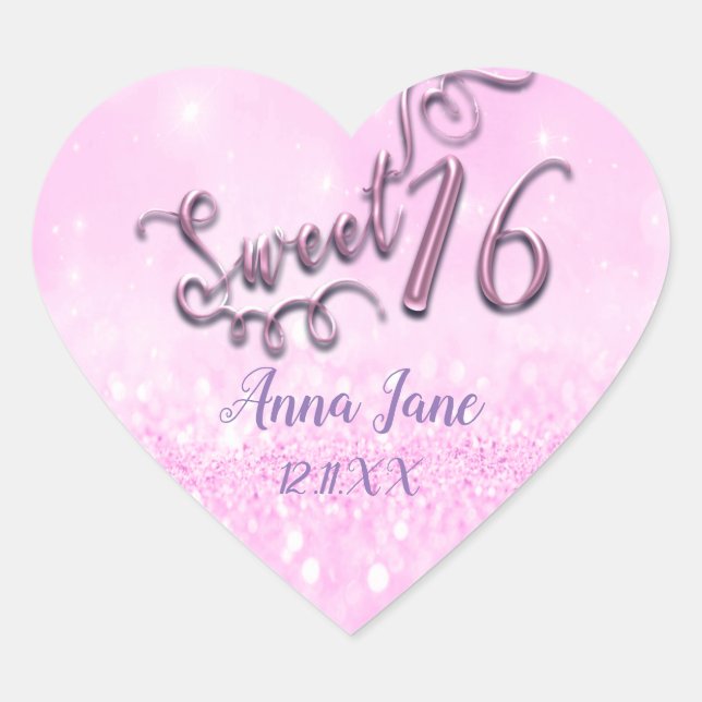 Rose Pink Sweet 16th  Bridal Heart Name Date Sticker (Front)