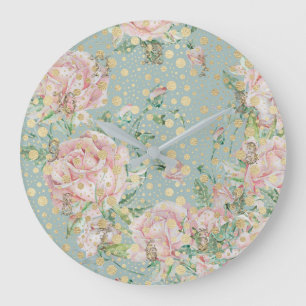 Rose pink teal gold polka dot floral pattern  large clock