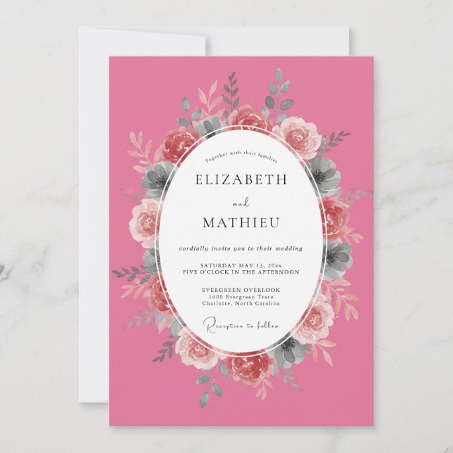 Rose Pink Vibrant Botanical Wedding Invitation (Front)